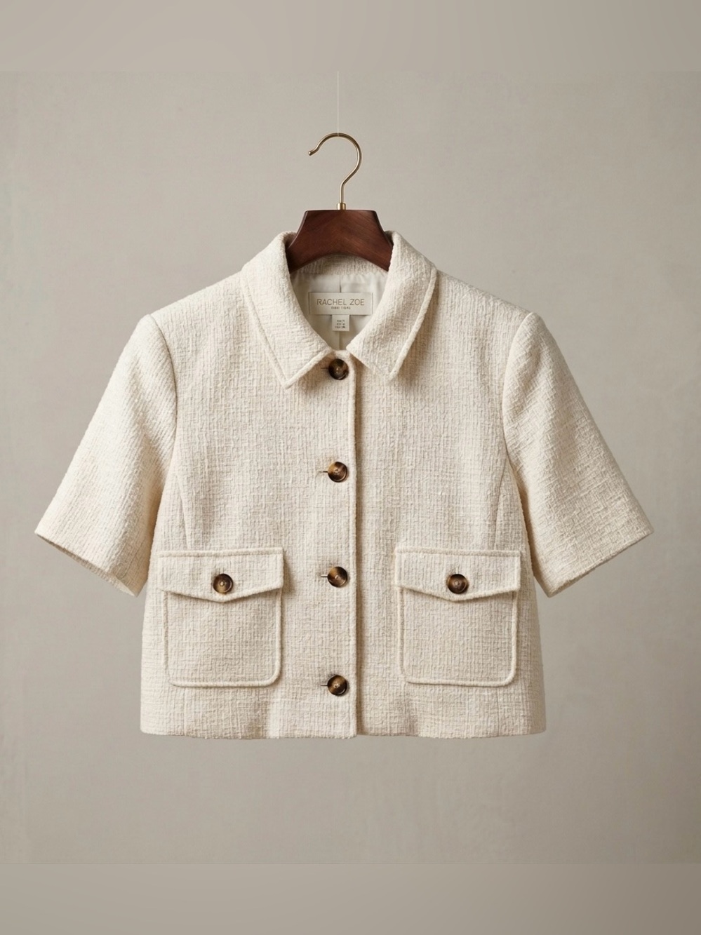 Rachel Zoe Cream Textured Short-Sleeve Bouclé Jacket